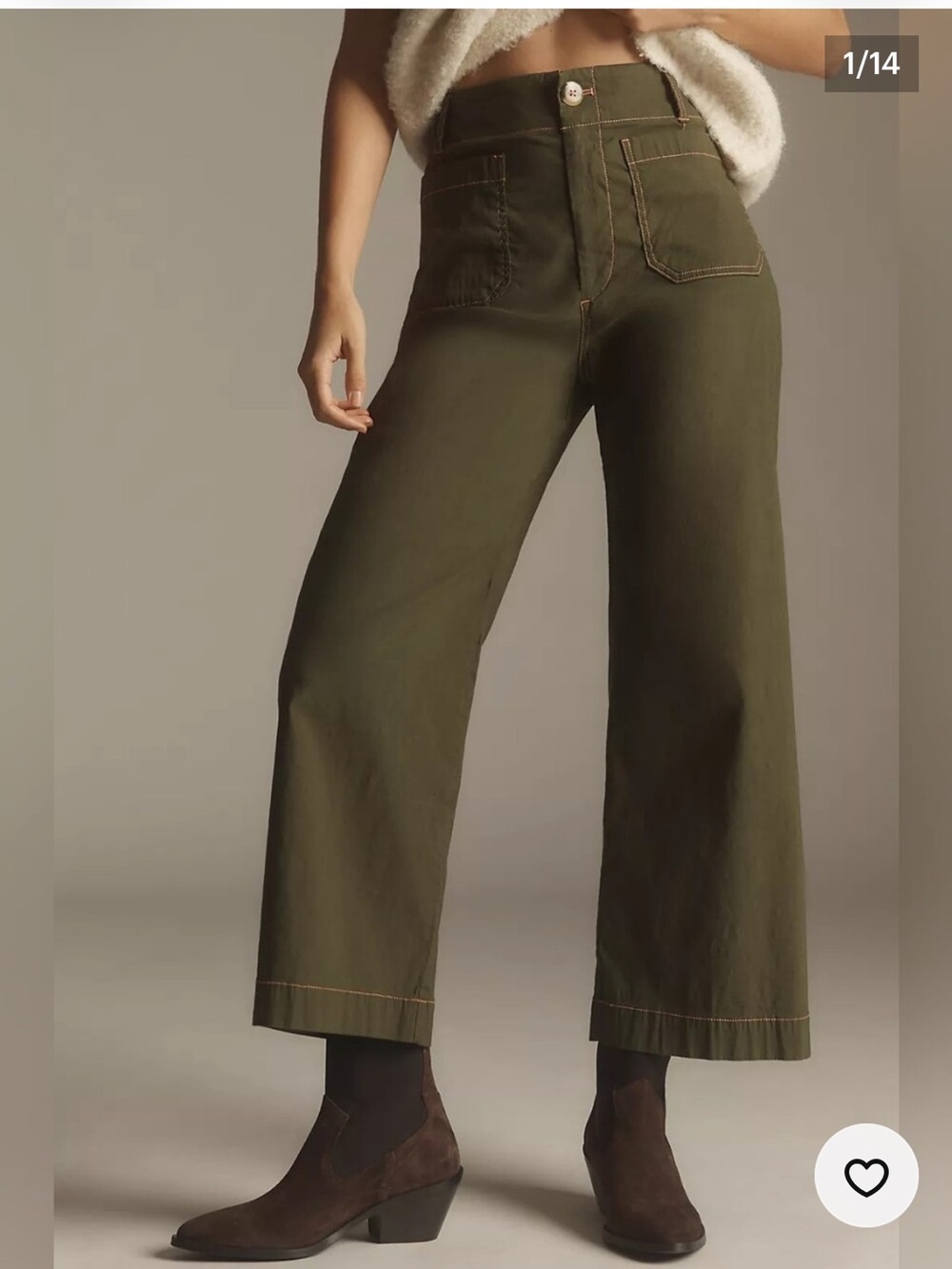 Maeve Colette Cropped Wide-Leg Trousers: Contrast-Stitch Edition Holly Green